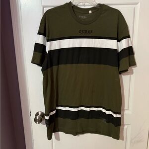 GUESS Men's Olive and Black Striped Tee